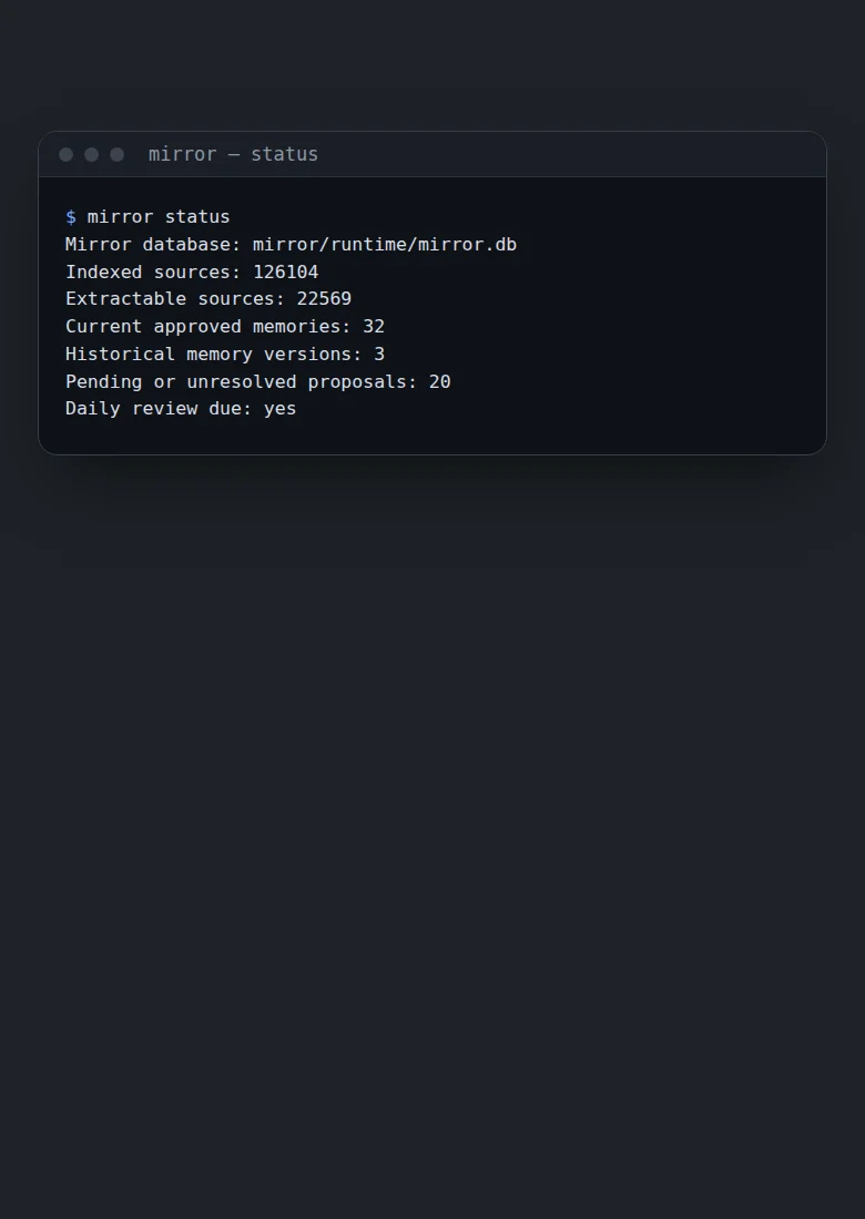 A terminal: mirror status, showing 126,104 indexed sources and 32 approved memories.