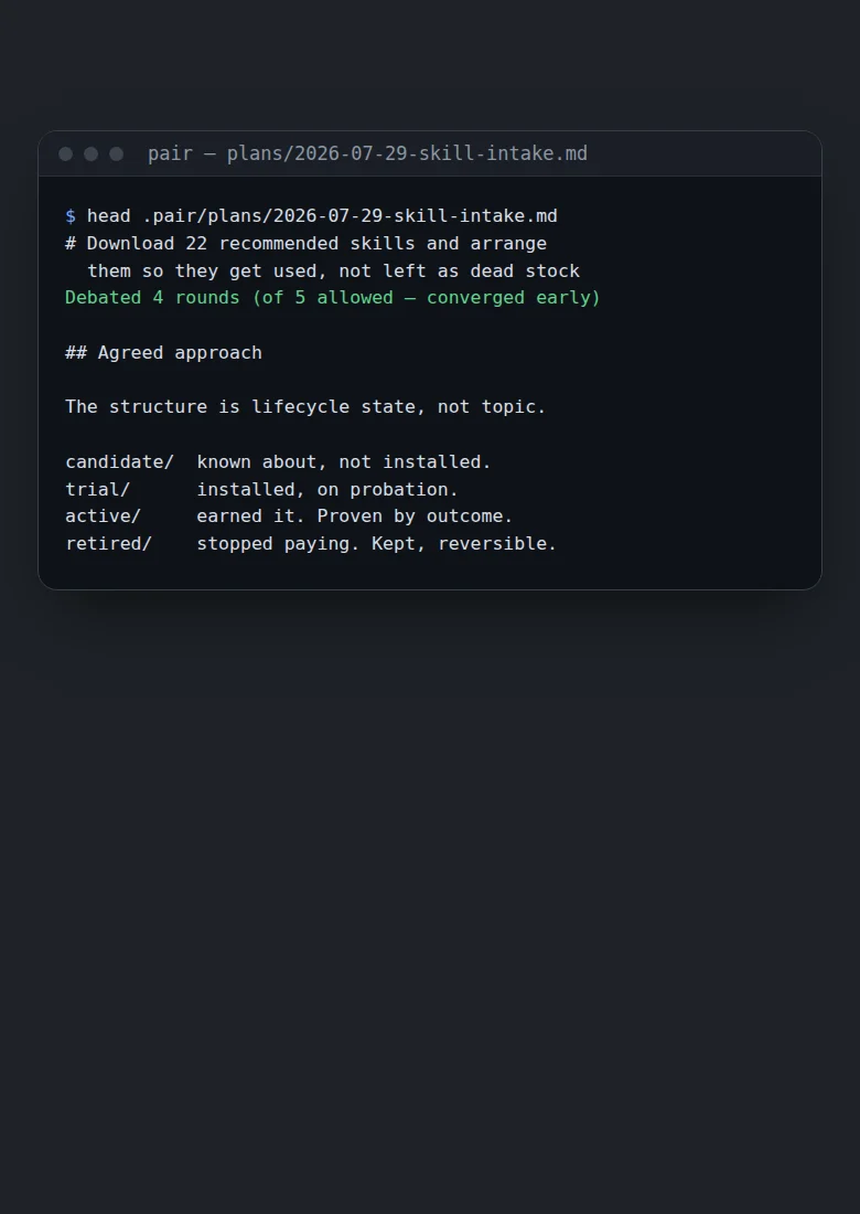 A terminal: a Pair plan that Claude Code and Codex debated for 4 rounds before agreeing.